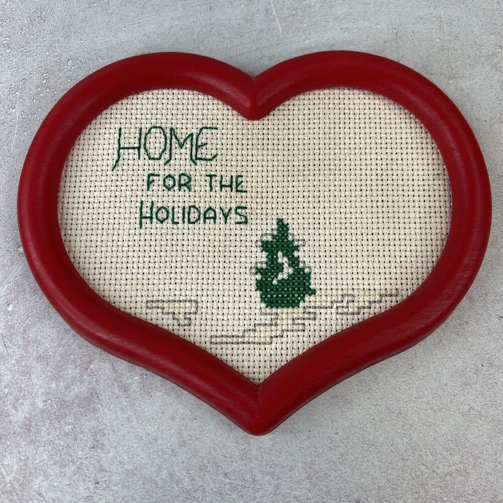 vintage cross stitch Home For the holidays In heart frame